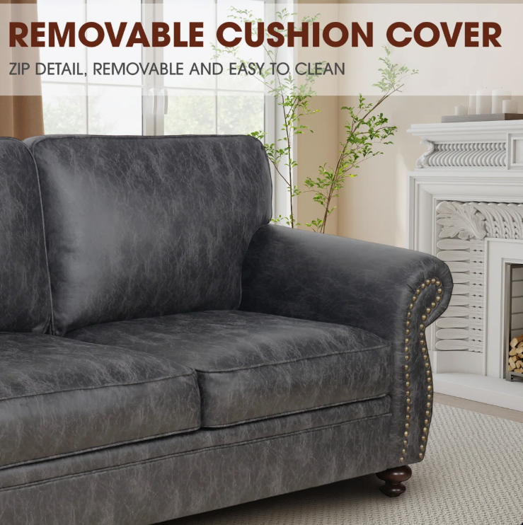 Cozy setup featuring the 88” Farmhouse Rolled Arm Sofa with stylish throw pillows and a jute rug for a farmhouse-inspired vibe.