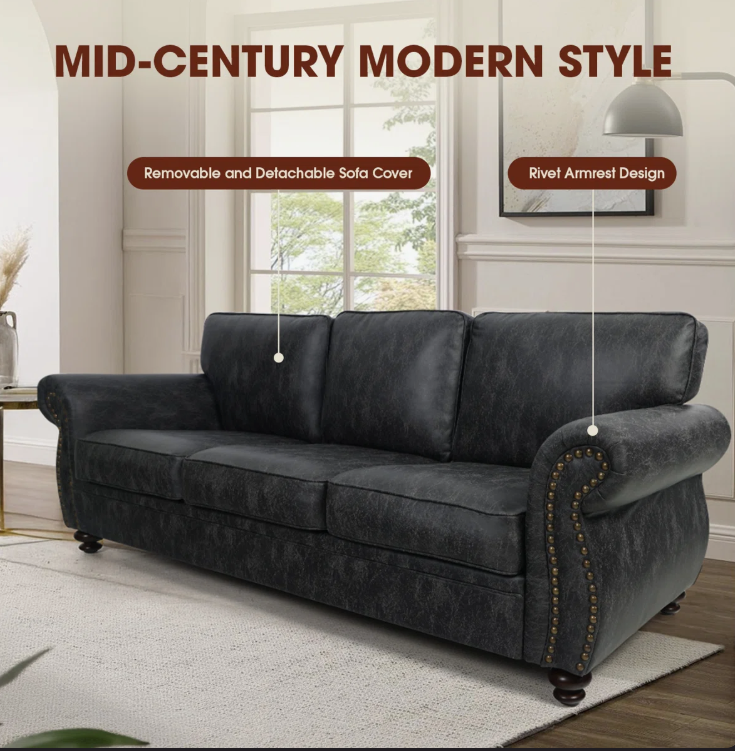 The weathered neutral tone of the 88” Farmhouse Rolled Arm Sofa, designed to complement rustic and traditional interiors.