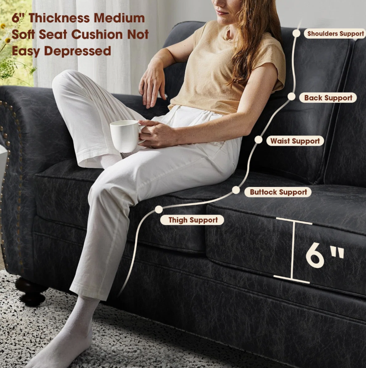 Detail shot of the high-density foam cushions of the 88” Farmhouse Rolled Arm Sofa, emphasizing comfort and support.