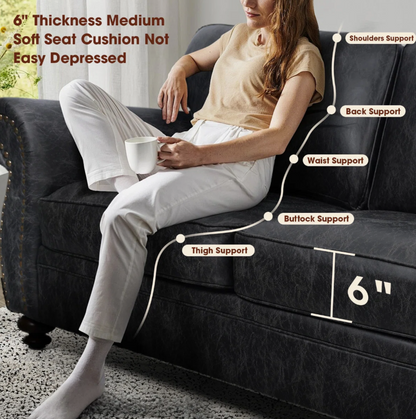 Detail shot of the high-density foam cushions of the 88” Farmhouse Rolled Arm Sofa, emphasizing comfort and support.