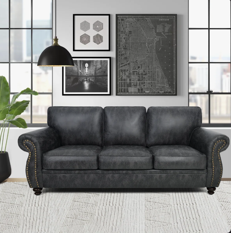 Living room styled with the 88” Farmhouse Rolled Arm Sofa, creating a charming and inviting atmosphere for relaxation.