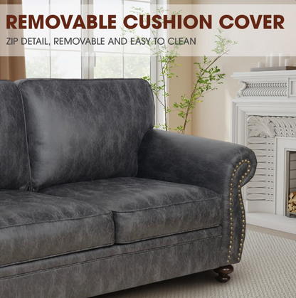 Elegant hand-stitched detailing on the 88” Farmhouse Rolled Arm Sofa, featuring high-quality leather-look fabric.