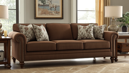 Family lounging on the 88” Farmhouse Rolled Arm Sofa, highlighting its spacious seating for up to three people.