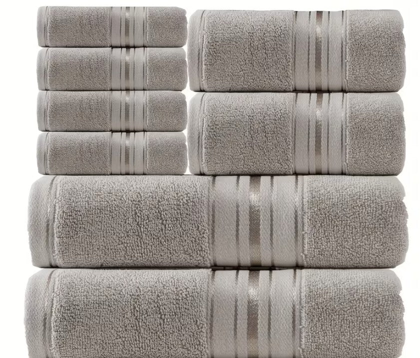 Durable 100% cotton towel set includes bath towels, hand towels, and washcloths in a plush and stylish design.