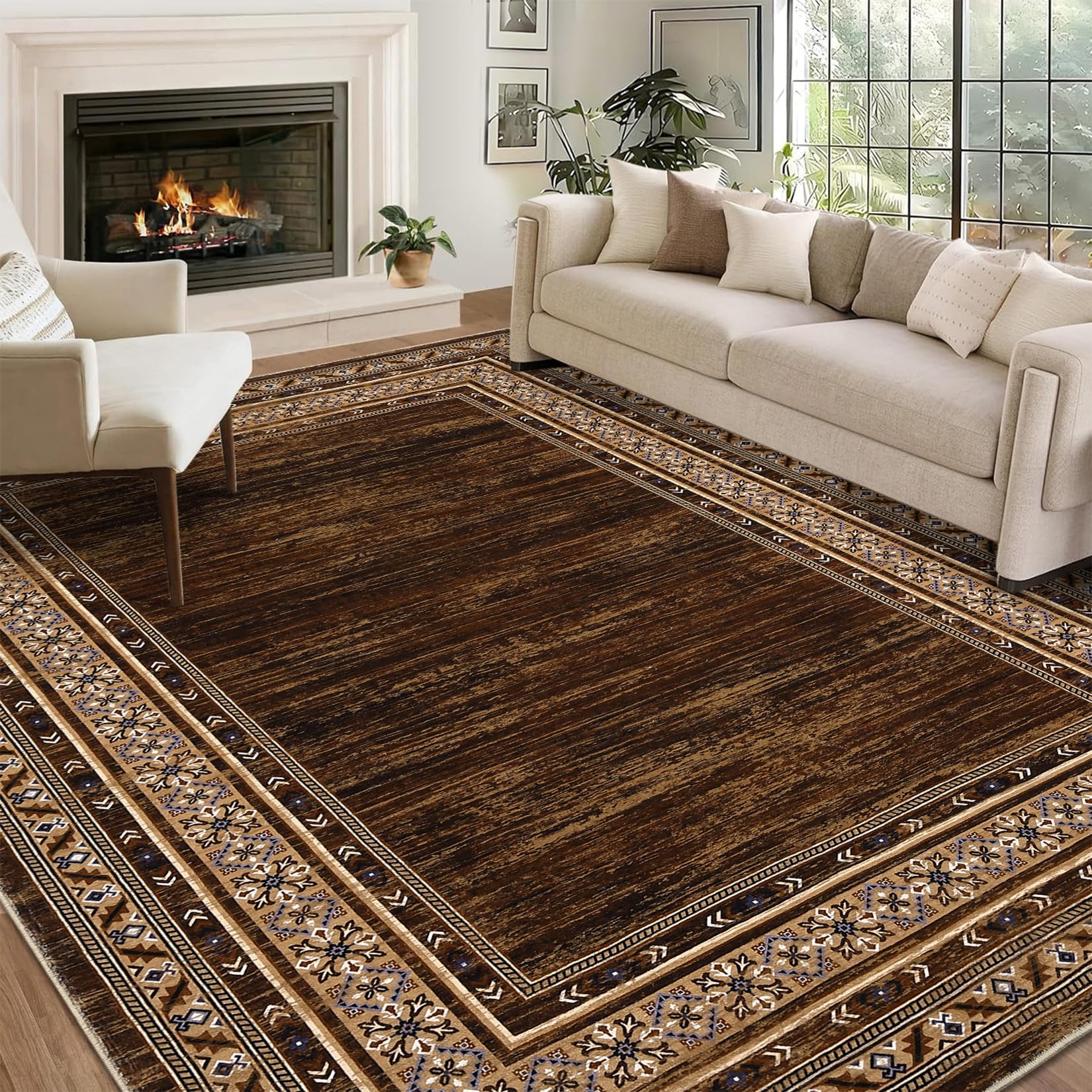 8x10 Red Brown Geometric Area Rug, Washable Non-Slip modern geometric area rug with durable polyester construction