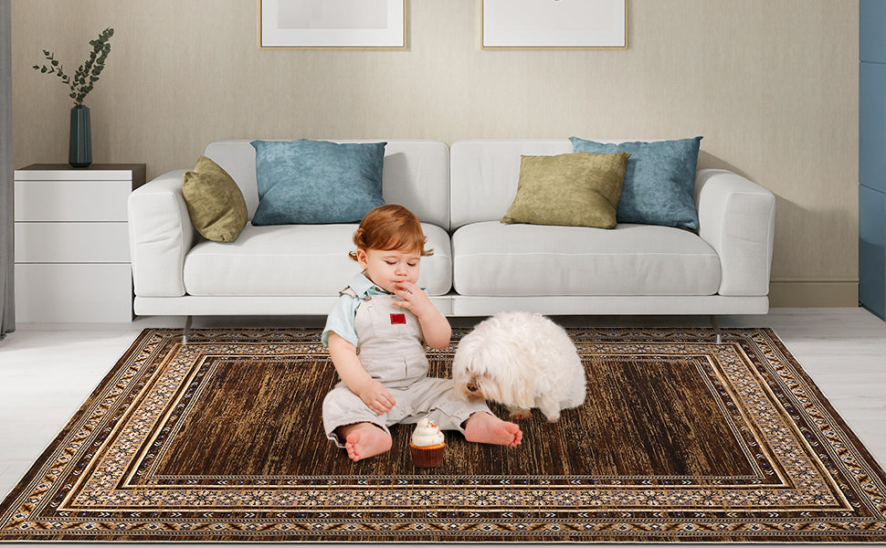8x10 Red Brown Geometric Area Rug, Washable Non-Slip rectangular geometric area rug under a seating area