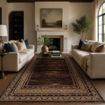 8x10 Red Brown Geometric Area Rug, Washable Non-Slip geometric area rug with bordered pattern