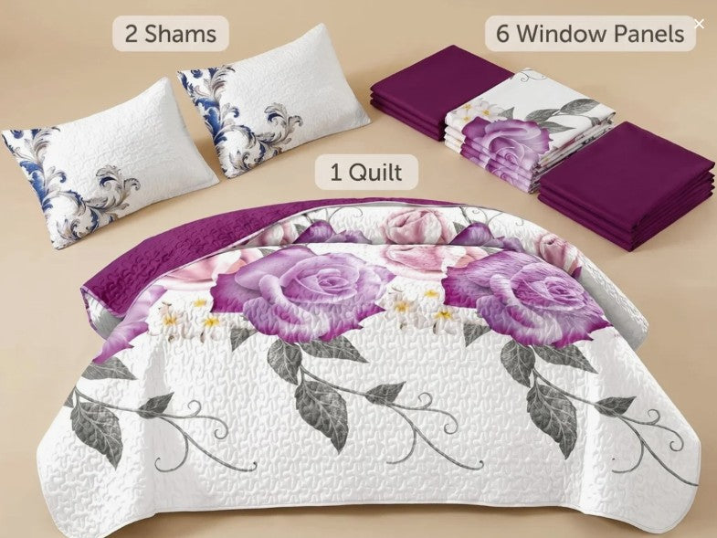 Queen 9-Piece Purple Rose Bedding and Curtain Set with Quilted Bedspread, Shams & Sheer Panels for a Complete Bedroom Refresh, coordinated purple rose bedding set and curtains