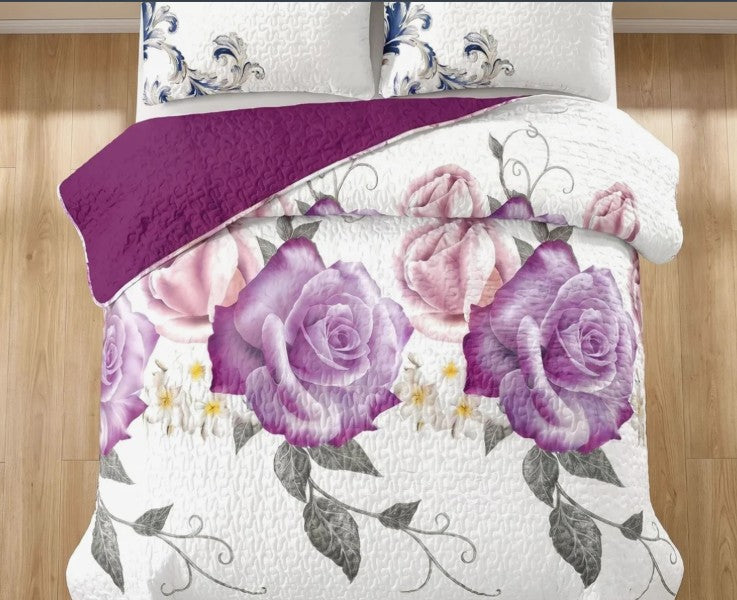Queen 9-Piece Purple Rose Bedding and Curtain Set with Quilted Bedspread, Shams & Sheer Panels for a Complete Bedroom Refresh, burgundy sheer curtain panels and purple rose bedding set