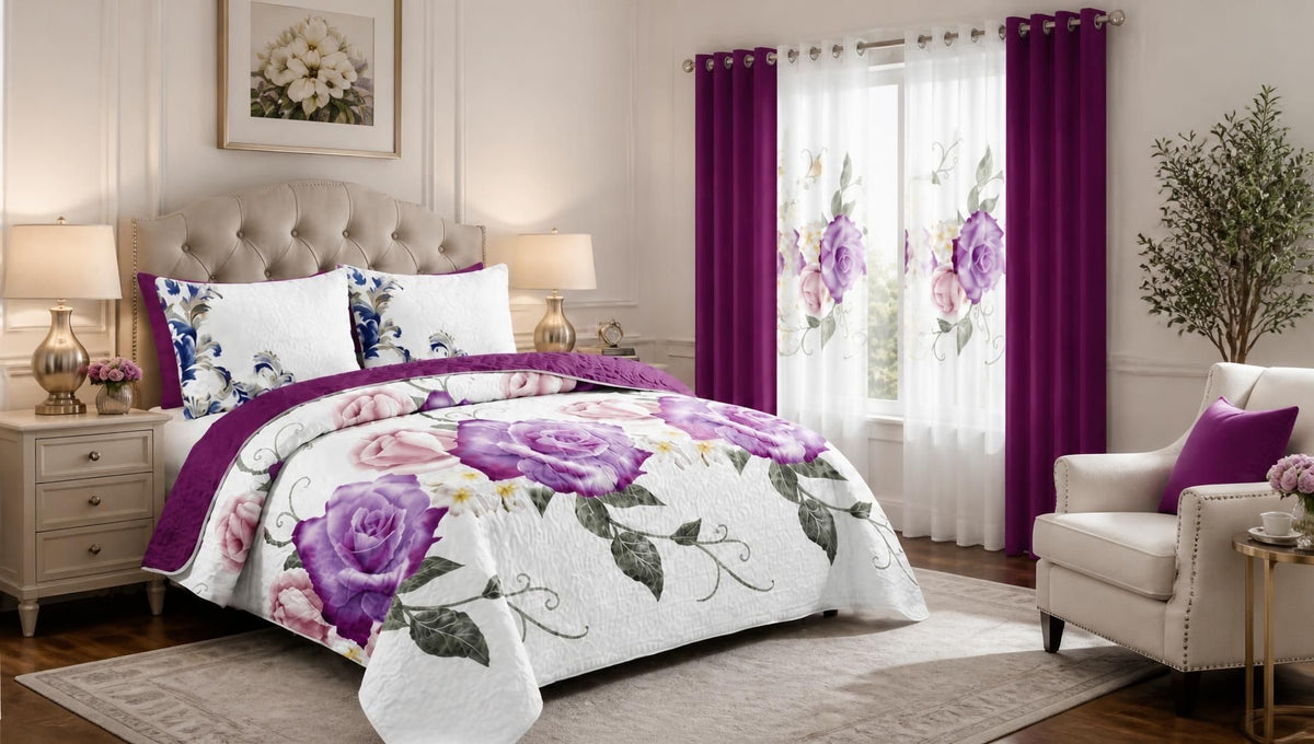 Queen 9-Piece Purple Rose Bedding and Curtain Set with Quilted Bedspread, Shams & Sheer Panels for a Complete Bedroom Refresh, matching sheer curtains from the purple rose bedding set