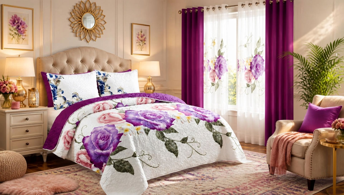 Queen 9-Piece Purple Rose Bedding and Curtain Set with Quilted Bedspread, Shams & Sheer Panels for a Complete Bedroom Refresh, purple rose bedding set on a queen bed