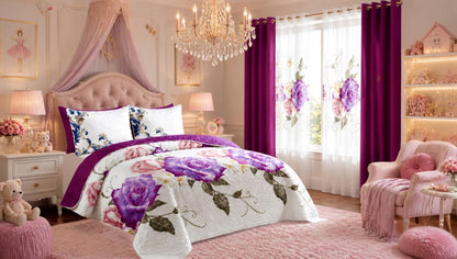 Queen 9-Piece Purple Rose Bedding and Curtain Set with Quilted Bedspread, Shams & Sheer Panels for a Complete Bedroom Refresh, purple rose bedding set hero view