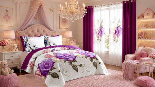 Queen 9-Piece Purple Rose Bedding and Curtain Set with Quilted Bedspread, Shams & Sheer Panels for a Complete Bedroom Refresh, purple rose bedding set hero view