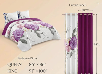 Queen 9-Piece Purple Rose Bedding and Curtain Set with Quilted Bedspread, Shams & Sheer Panels for a Complete Bedroom Refresh, floral sheer curtain panels for a purple rose bedding set