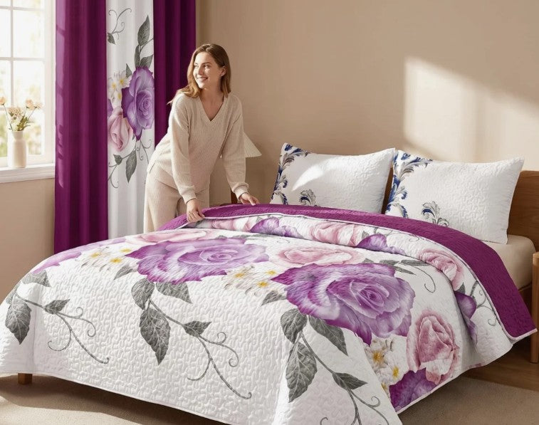 Queen 9-Piece Purple Rose Bedding and Curtain Set with Quilted Bedspread, Shams & Sheer Panels for a Complete Bedroom Refresh, grommet top curtains with purple rose bedding set