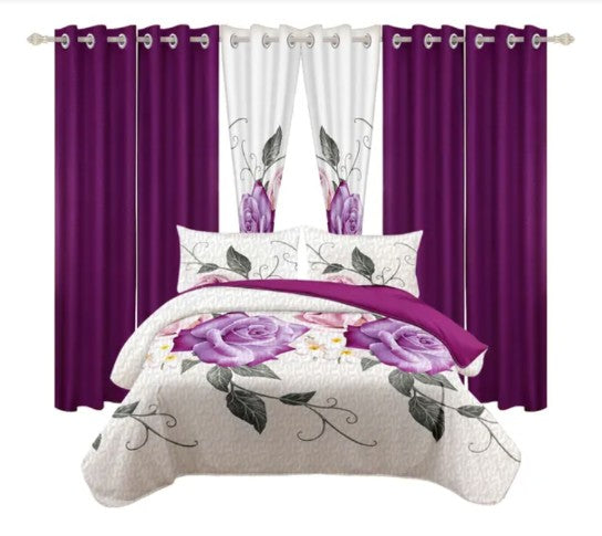 Queen 9-Piece Purple Rose Bedding and Curtain Set with Quilted Bedspread, Shams & Sheer Panels for a Complete Bedroom Refresh, microfiber purple rose bedding set