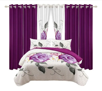 Queen 9-Piece Purple Rose Bedding and Curtain Set with Quilted Bedspread, Shams & Sheer Panels for a Complete Bedroom Refresh, microfiber purple rose bedding set