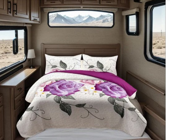 Queen 9-Piece Purple Rose Bedding and Curtain Set with Quilted Bedspread, Shams & Sheer Panels for a Complete Bedroom Refresh, romantic floral bedroom with purple rose bedding set