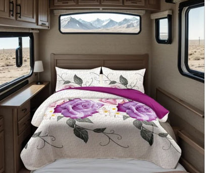 Queen 9-Piece Purple Rose Bedding and Curtain Set with Quilted Bedspread, Shams & Sheer Panels for a Complete Bedroom Refresh, romantic floral bedroom with purple rose bedding set
