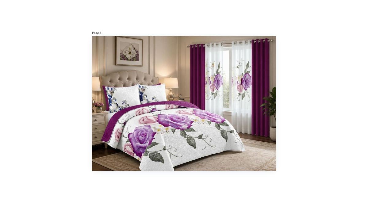Queen 9-Piece Purple Rose Bedding and Curtain Set with Quilted Bedspread, Shams & Sheer Panels for a Complete Bedroom Refresh, queen-size purple rose bedspread with matching shams