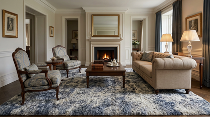 The luxurious comfort of the Luxury Grey Blue Shag Area Rug 9x12, featuring soft pile and modern abstract design, suitable for living spaces.