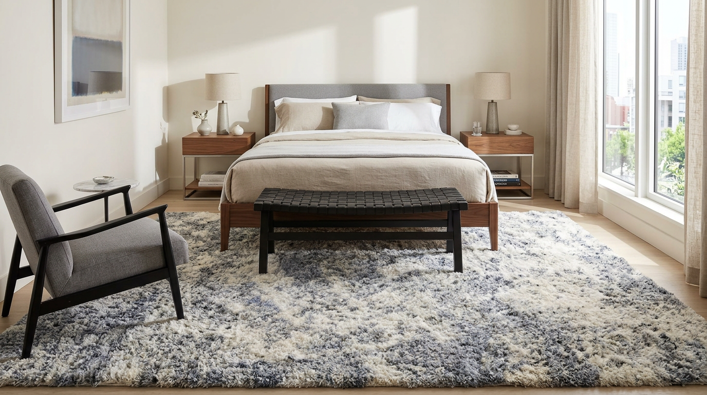 Close-up view of Luxury Grey Blue Shag Area Rug 9x12 to highlight the softness and color blend, perfect for a luxury shag area rug experience.