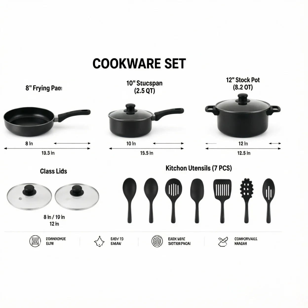 13-Piece Black Non-Stick Cookware Set with Glass Lids & Utensils for Home Kitchen, compact black cookware set for small kitchens