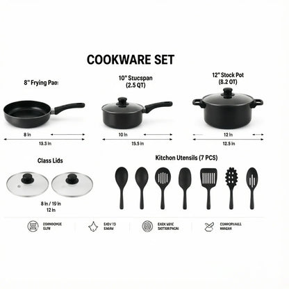 13-Piece Black Non-Stick Cookware Set with Glass Lids & Utensils for Home Kitchen, compact black cookware set for small kitchens