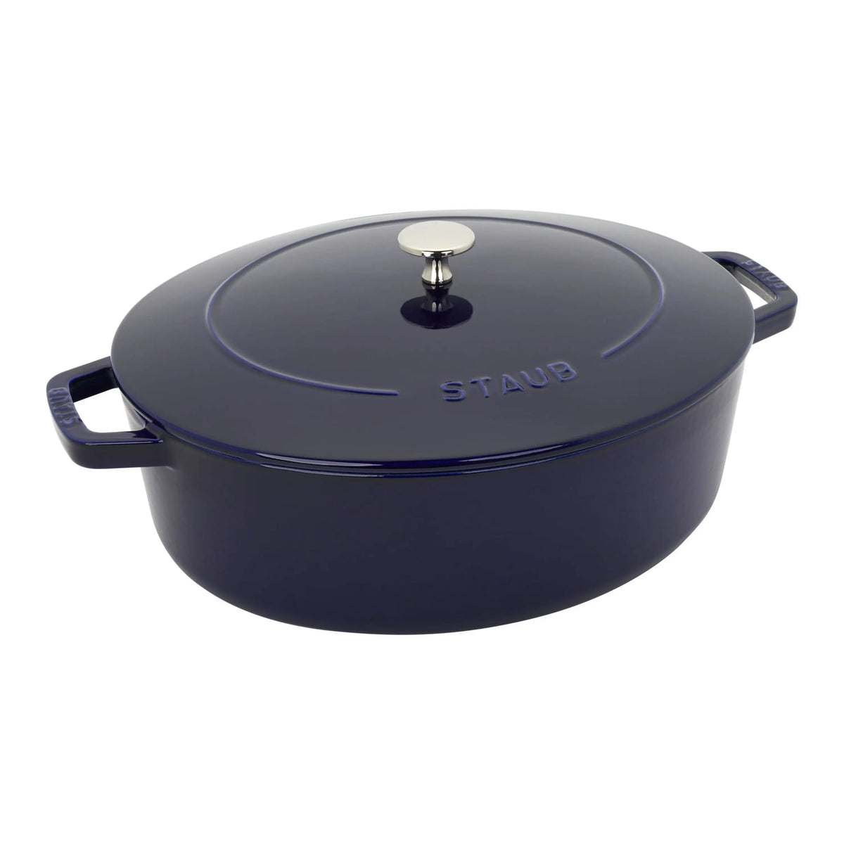 STAUB 6.25-Quart Wide Oval Dutch Oven, Dark Blue Enameled Cast Iron with Self-Basting Lid, open view showing the enameled interior of a wide oval dutch oven