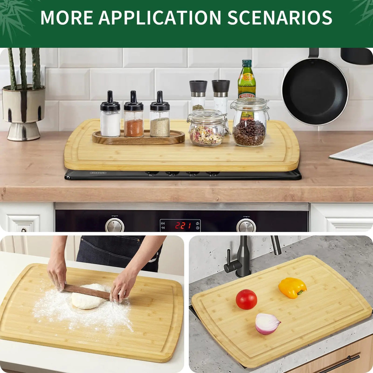Extra-Large 30 x 20 Inch Bamboo Cutting Board with Juice Groove, Handles & Reversible Butcher Block Design, bamboo cutting board with deep perimeter juice groove