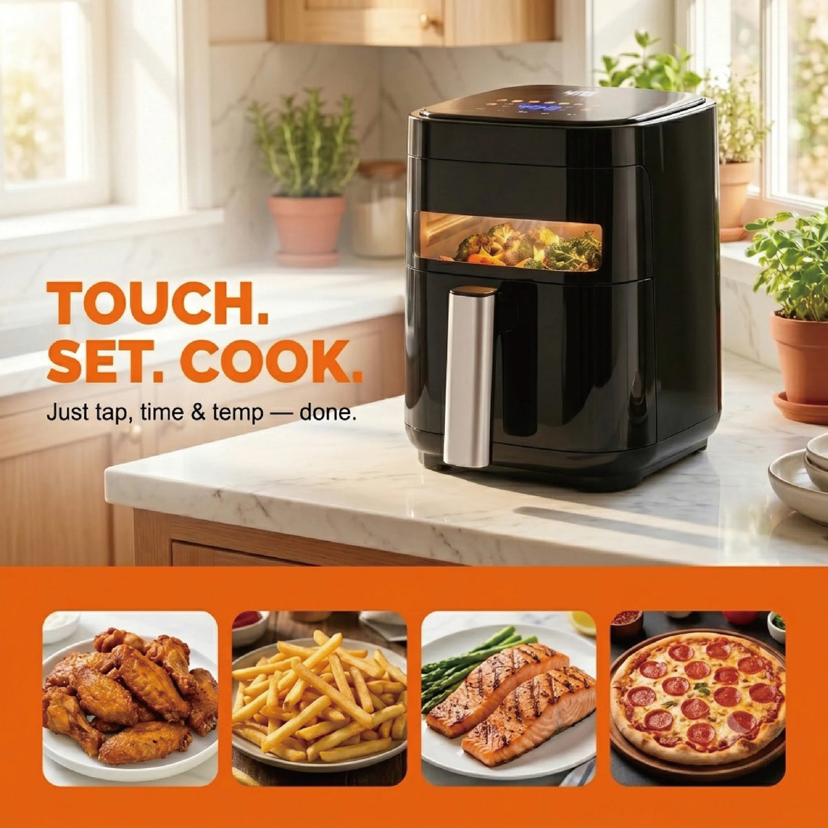 Simple Deluxe 3.2QT Visible Window Air Fryer, 1200W Compact 8-in-1 Touchscreen Air Fryer for Dorms & Apartments showing the 3.2-quart basket capacity of this compact air fryer.