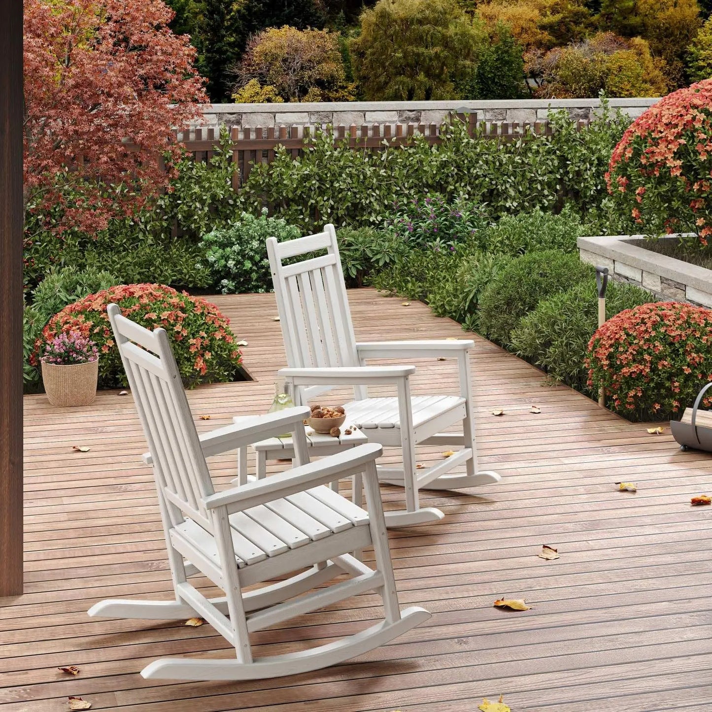 3-Piece HDPE Adirondack Rocking Chair Set with Side Table, HDPE poly lumber outdoor rocking chair set with wood-grain texture