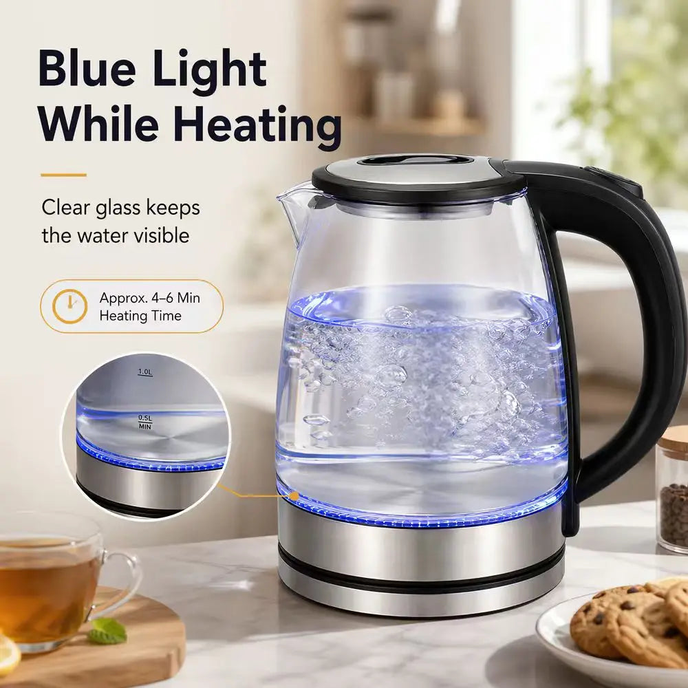 2L Borosilicate Glass Electric Tea Kettle with Infuser, Blue LED & Auto Shutoff — glass electric kettle with blue illuminated water chamber