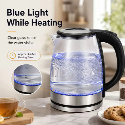 2L Borosilicate Glass Electric Tea Kettle with Infuser, Blue LED & Auto Shutoff — glass electric kettle with blue illuminated water chamber