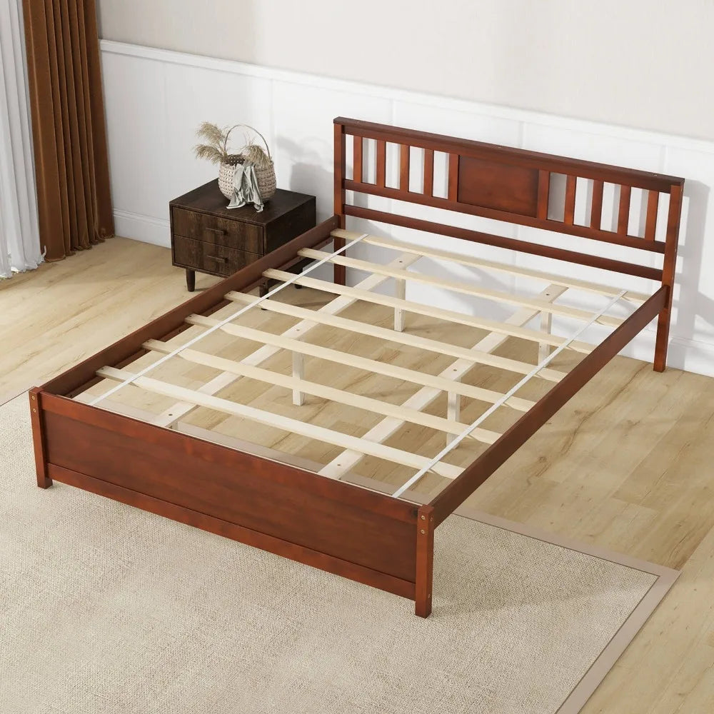 Detail of the slats on the walnut bed frame, emphasizing durability and stability in the Farmhouse Walnut Wooden Platform Bed Frame design.