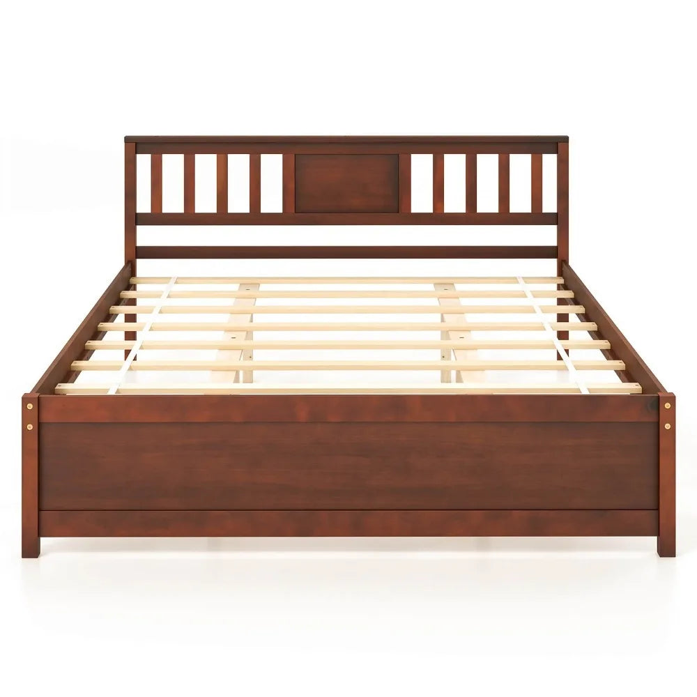 A beautifully styled modern rustic bedroom featuring the Farmhouse Walnut Wooden Platform Bed Frame, a perfect example of a walnut bed frame enhancing home decor.