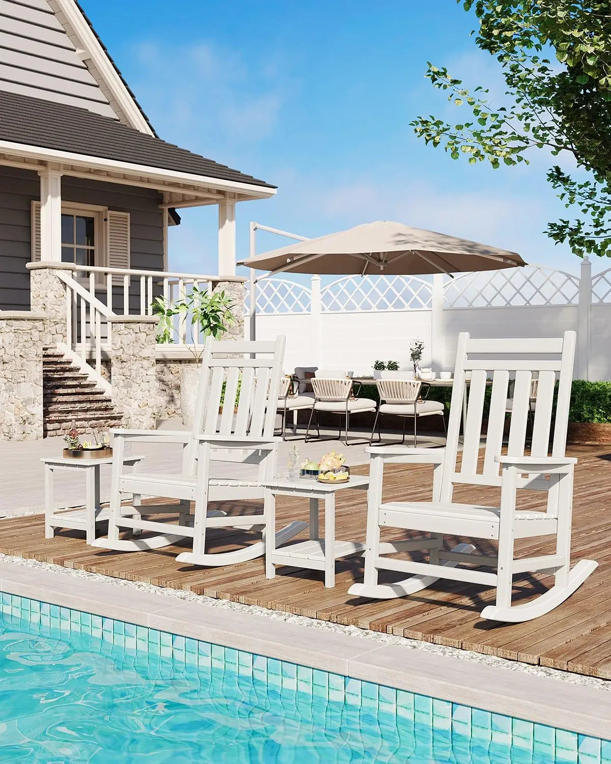 3-Piece HDPE Adirondack Rocking Chair Set with Side Table, white outdoor rocking chair set for porch or garden retreat