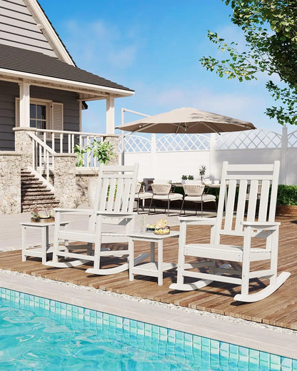 3-Piece HDPE Adirondack Rocking Chair Set with Side Table, white outdoor rocking chair set for porch or garden retreat