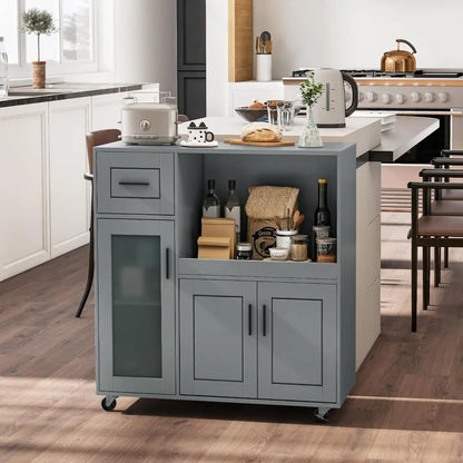 Modern Gray Rolling Kitchen Island Cart with Storage Drawer, Cabinet & Wheels showcasing the sleek design and ample storage options.