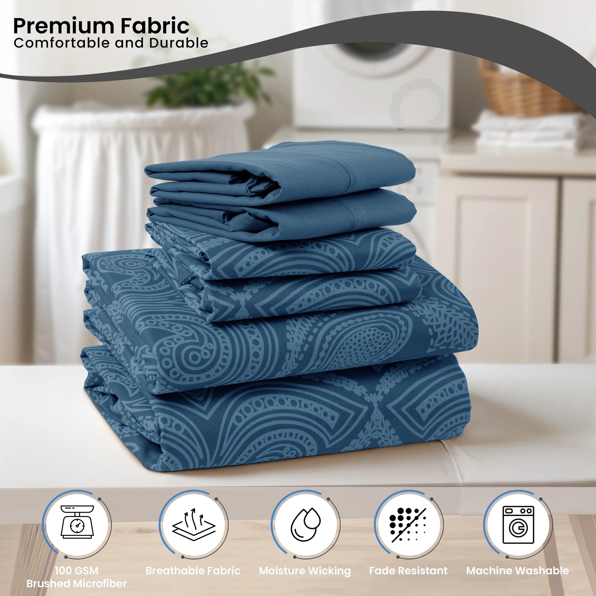 Luxurious 6-Piece Paisley Bed Sheet Set shown in Blue, perfect for adding color to your bedroom decor.