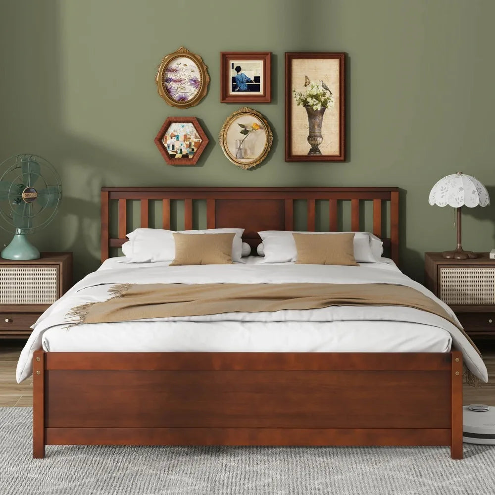 Under-bed storage space visible under the Farmhouse Walnut Wooden Platform Bed Frame, demonstrating the practical design of the walnut bed frame for maximizing space.