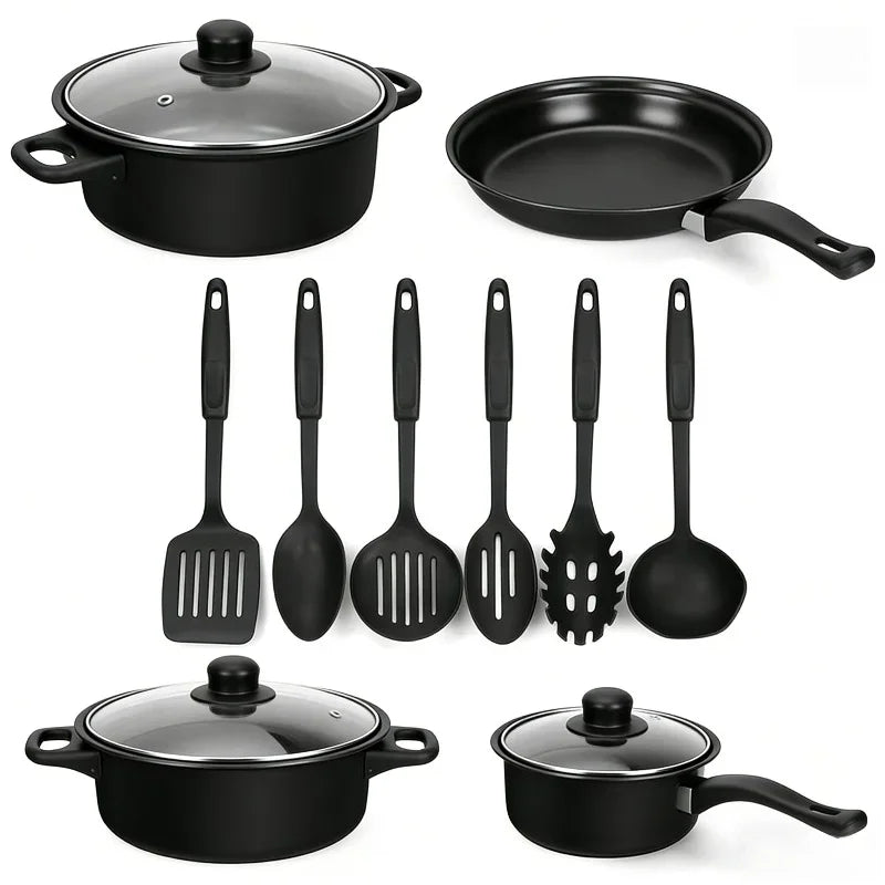 13-Piece Black Non-Stick Cookware Set with Glass Lids & Utensils for Home Kitchen, black cookware set with clear glass lids