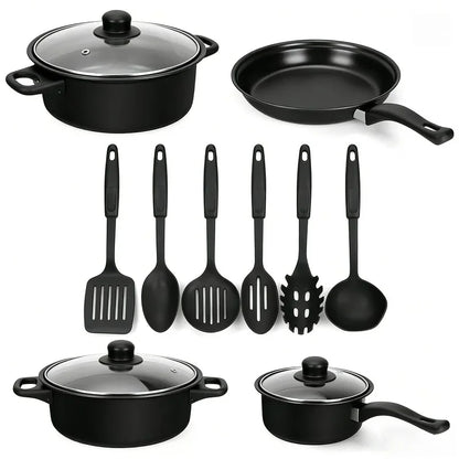 13-Piece Black Non-Stick Cookware Set with Glass Lids & Utensils for Home Kitchen, black cookware set with clear glass lids