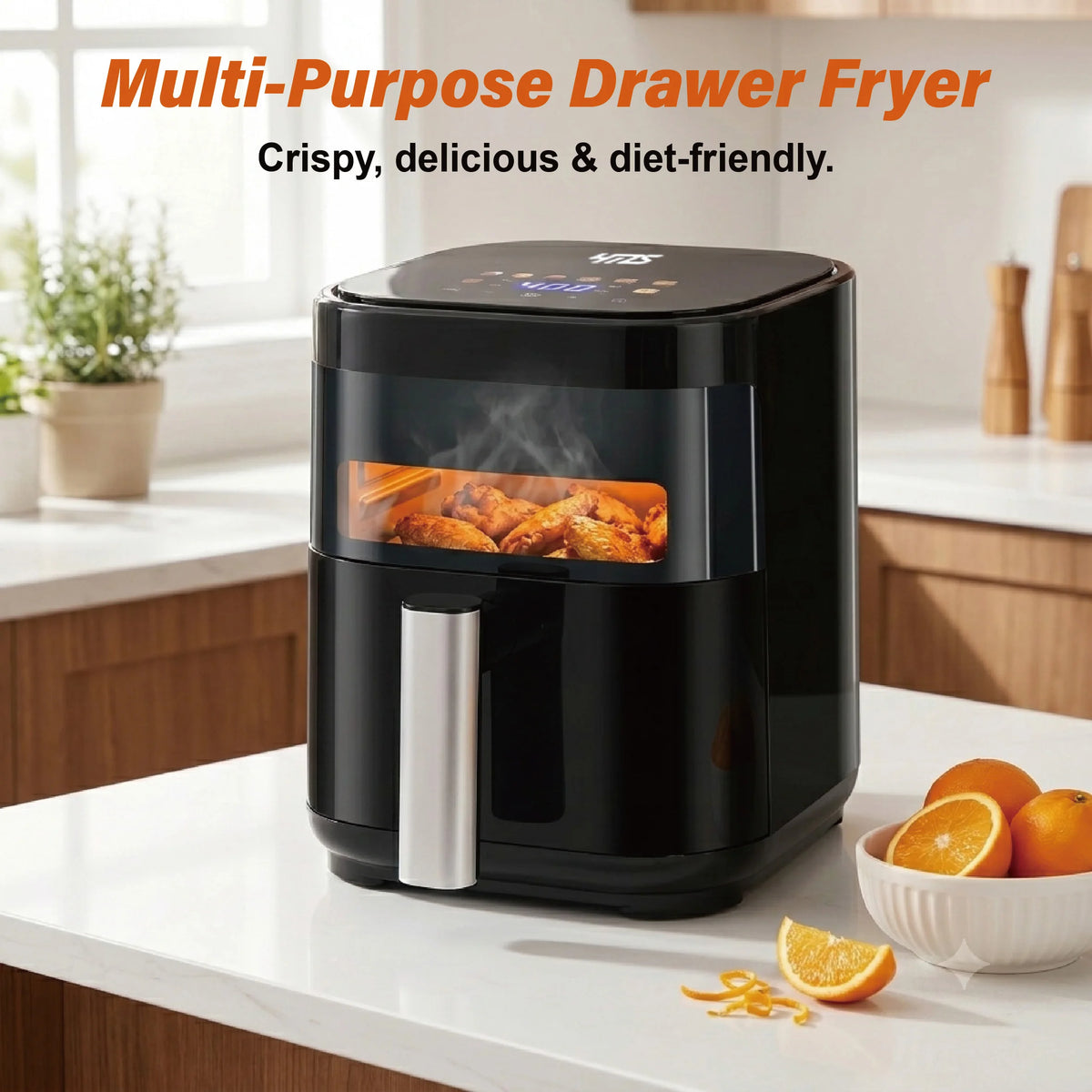 Simple Deluxe 3.2QT Visible Window Air Fryer, 1200W Compact 8-in-1 Touchscreen Air Fryer for Dorms & Apartments with digital touchscreen controls for convenient compact air fryer cooking.