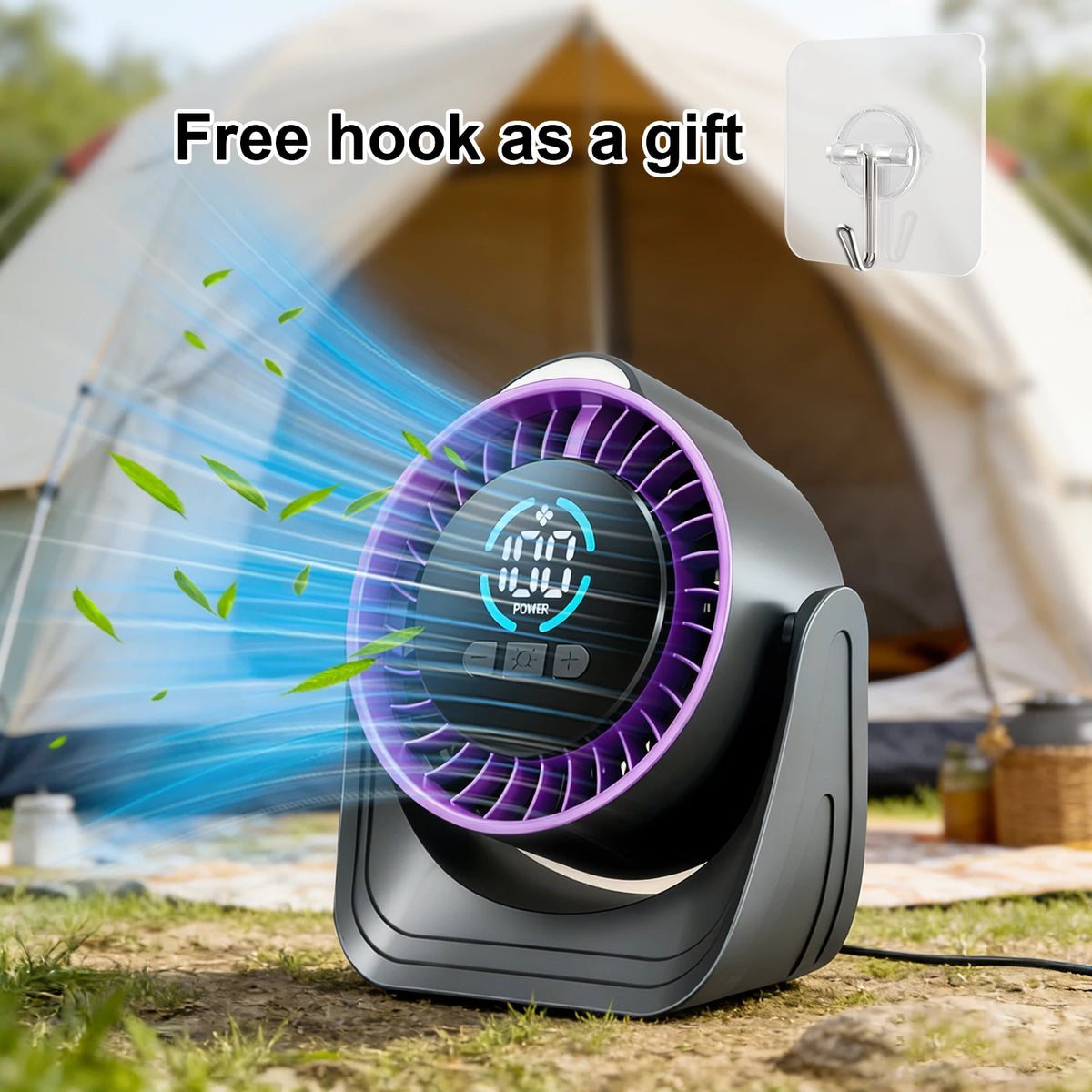 Refluxe Portable USB Desk Fan - 100 Speed Turbo Airflow Quiet Cooling - Purple showing digital battery indicator, portable desk fan