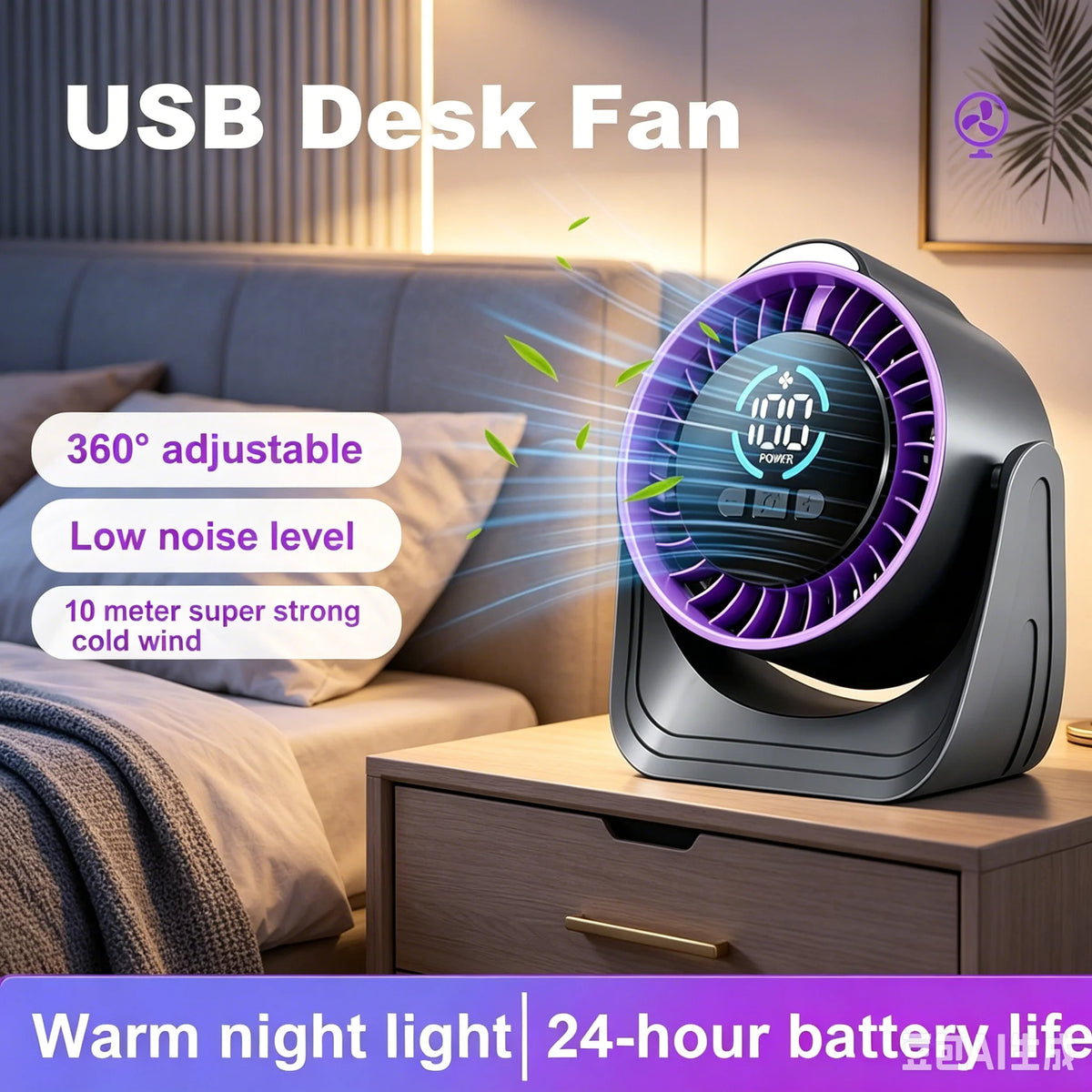 Refluxe Portable USB Desk Fan - 100 Speed Turbo Airflow Quiet Cooling - Purple featuring 100 adjustable speed levels, portable desk fan