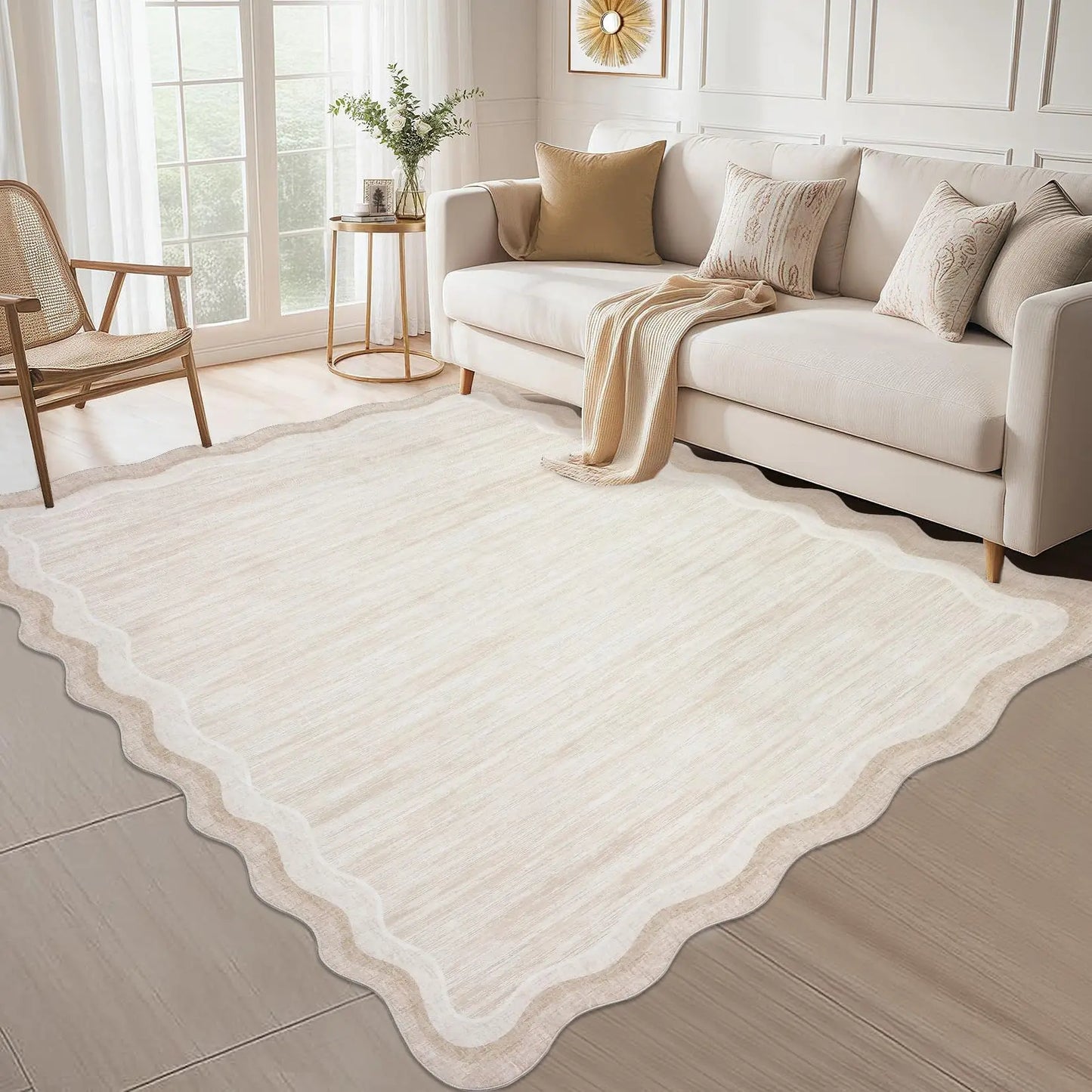 8 x 10 Beige Scalloped Area Rug, Washable Non-Slip Polyester with a Faux Wool Feel, beige area rug for bedroom décor