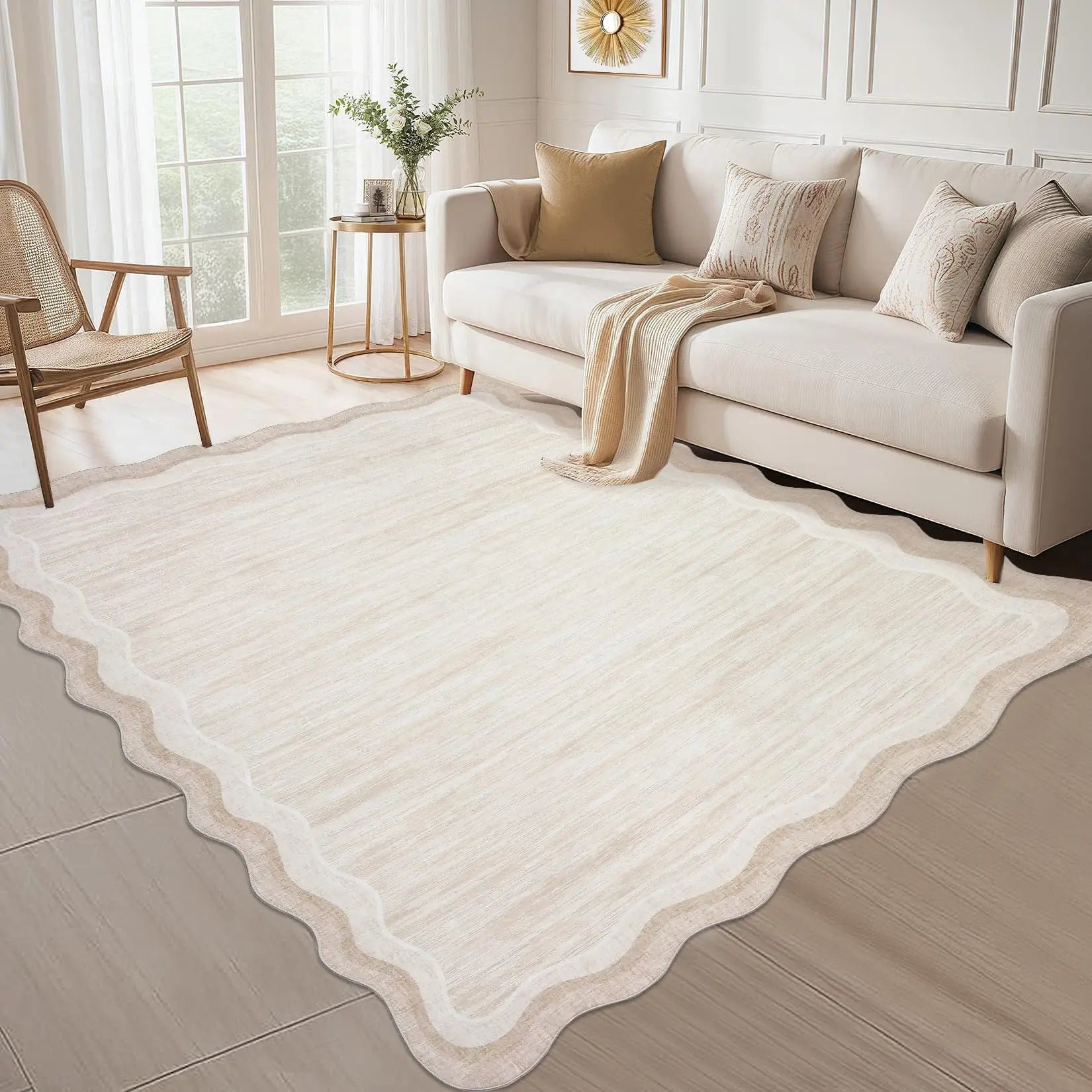 8 x 10 Beige Scalloped Area Rug, Washable Non-Slip Polyester with a Faux Wool Feel, beige area rug for bedroom décor