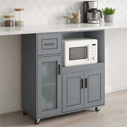 Close-up of the Modern Gray Rolling Kitchen Island Cart with Storage Drawer, Cabinet & Wheels highlighting the frosted glass doors and smooth-glide drawer.