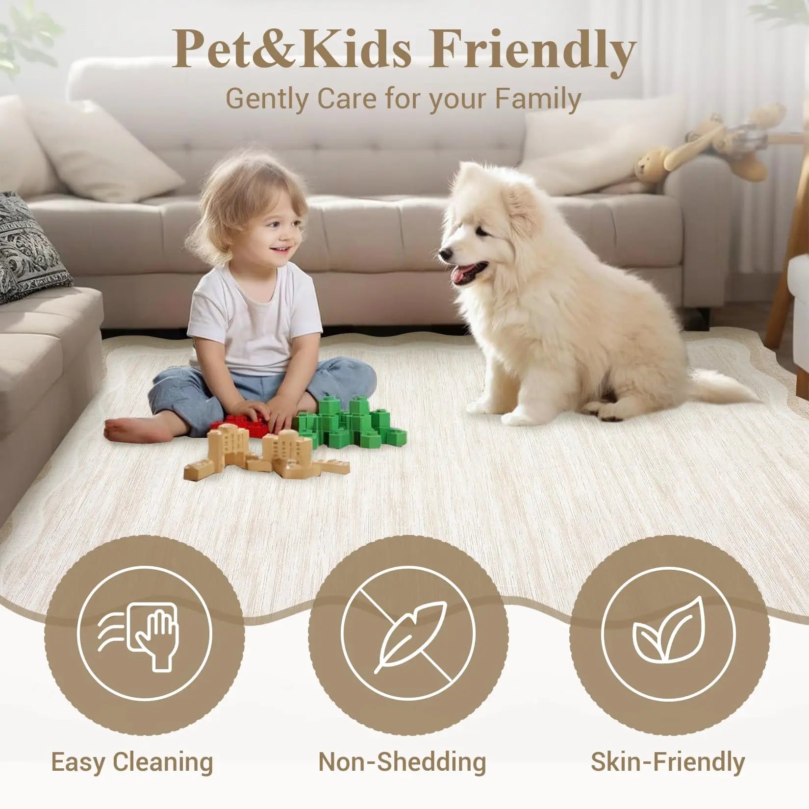 8 x 10 Beige Scalloped Area Rug, Washable Non-Slip Polyester with a Faux Wool Feel, beige area rug styled beneath a sofa